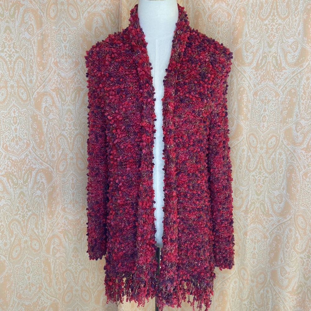 Y2K Ruby Rd. Pink and purple fuzzy pompom knit cardigan with fringe
